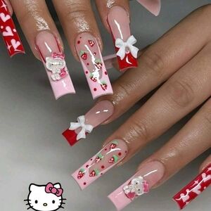 Hello Kitty Red and Pink Nail Art